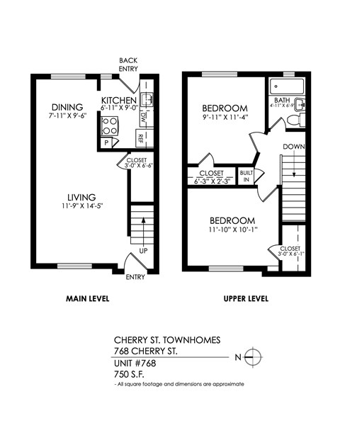 Floor plan for 2 beds, 1 bath, 750 sqft